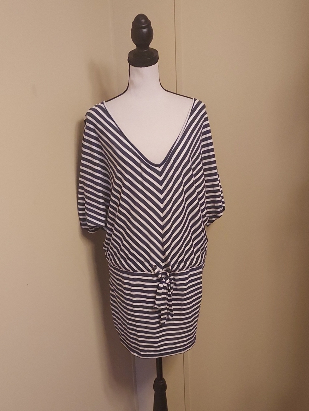 Umgee Navy and White Striped V-Neck Mini Dress